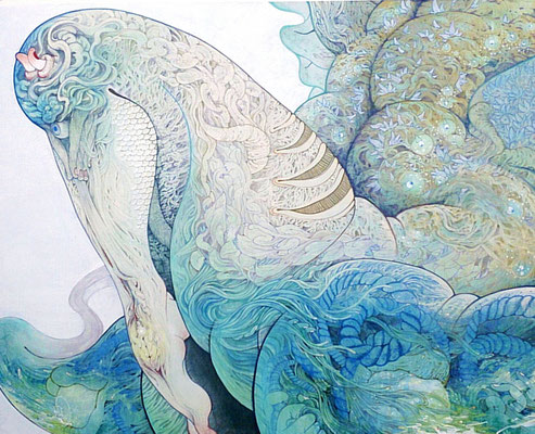 [サリーに乗って]　　　130ｃｍ×162ｃｍ　　麻紙に岩絵具　　　　　　　　　　　　　　　　　　　　　　　　　　　　[Ｒｉｄｅ on Sally]　　　　Pure pigment on Japanese Paper　