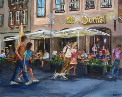 Donisl in der Fußgängerzone, Acryl auf 3D-Leinwand, 80 x 100 cm, 2024