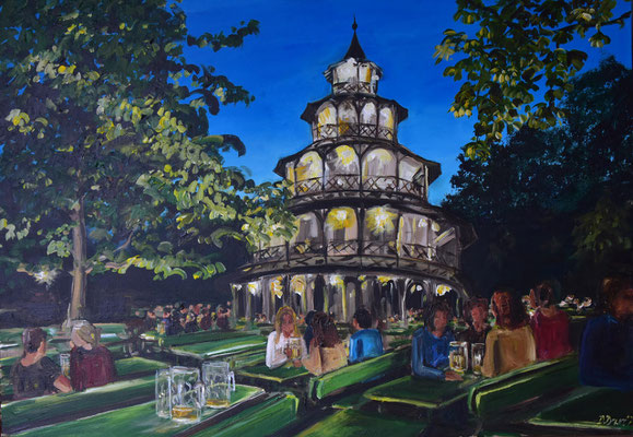 Abendstimmung am Chinesischen Turm, Acryl auf 3D-Leinwand, 70 x 100 cm, 2023, verkauft