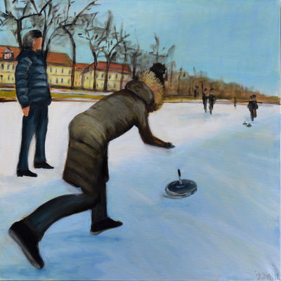 Eisstockschießen auf dem Kanal, Acryl auf Leinwand, 70 x 70 cm, 2018