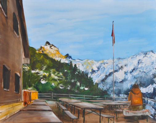 Berghütte im Winter, Acryl auf Leinwand, 80 x 100 cm, 2017