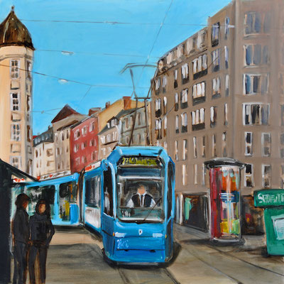 Münchner Tram, Hohenzollernplatz, Acryl auf Leinwand, 90 x 90 cm, 2016, verkauft
