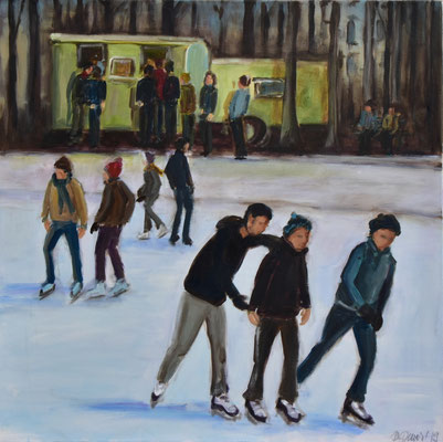 Schlittschuhläufer auf demKanal, Acryl auf Leinwand, 70 x 70 cm, 2018