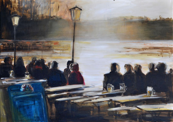 Biergarten am Seehaus, Acryl auf Leinwand, 50 x 70 cm, 2018, verkauft