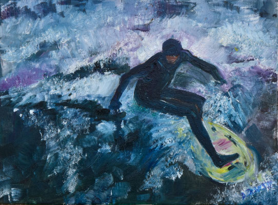 Eisbachsurfer, Öl auf 3D-Leinwand, 30 x 40 cm, 2023