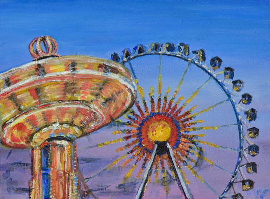 Kettenkarussell vor Riesenrad, Öl auf 3D-Leinwand, 30 x 40 cm, 2025