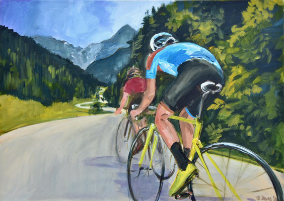Rennradfahren in den Bergen, Acryl auf Leinwand, 50 x 70 cm, 2022