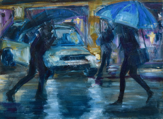 Im strömenden Regen, Öl auf Leinwand, 30 x 40 cm, 2025