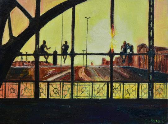 Auf der Hackerbrücke im Sonnenuntergang, Öl auf 3D-Leinwand, 30 x 40 cm, 2024