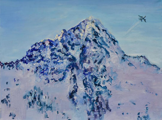 Berg vor Innsbruck mit Flugzeug, Öl auf 3D-Leinwand, 30 x 40 cm, 2025