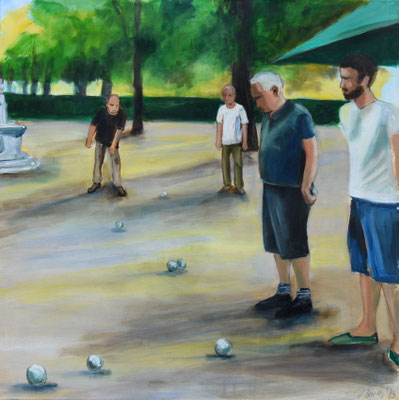 Boulespieler i Hofgarten, Acryl auf Leinwand, 70 x 70 cm, 2018