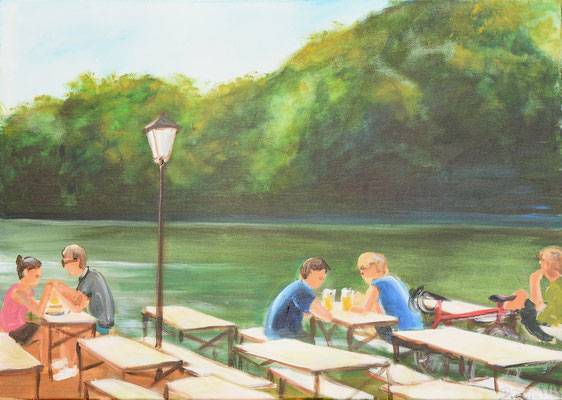 Biergarten Seehaus, Acryl auf Leinwand, 50 x 70 cm, 2018, verkauft