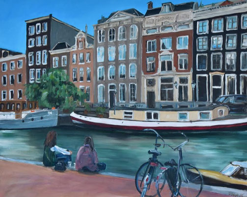 An der Gracht in Amsterdam, Acryl auf Leinwand, 80 x 100 cm, 2025
