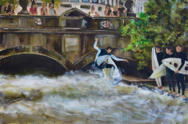Surfen an der Eisbachwelle I, Acryl auf 3D-Leinwand, 80 x 100 cm, 2022, verkauft