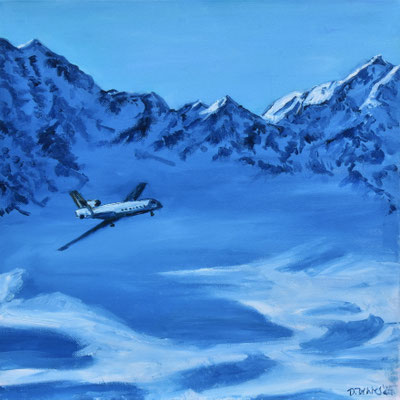 Berge mit Flugzeug, Öl auf Leinwand, 40 x 40 cm, 2025, verkauft