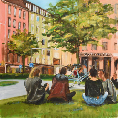 Treffen am Gärtnerplatz, Acryl auf 3D-Leinwand, 100 x 100 cm, 2018