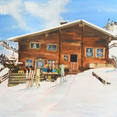 Berghütte im Winter, Acryl auf Leinwand, 90 x 90 cm, 2017, verkauft