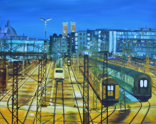 Blick von der Donnersbergerbrücke Richtung Hauptbahnhof, Acryl auf 3D-Leinwand, 80 x 100 cm, 2024, verkauft