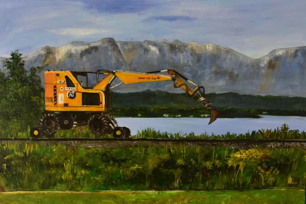 Bagger auf Schienen, Acryl auf 3D-Leinwand, 80 x 120cm, 2023, verkauft