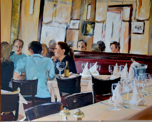 Im Restaurant, Acryl auf leinwandbezogene Platte, mit Schattenfuge gerahmt, 80 x 100 cm, 2014