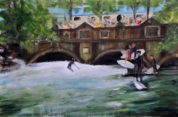 Eisbachsurfer, Acryl auf 3D-Leinwand, 80 x 120 cm, 2017, verkauft