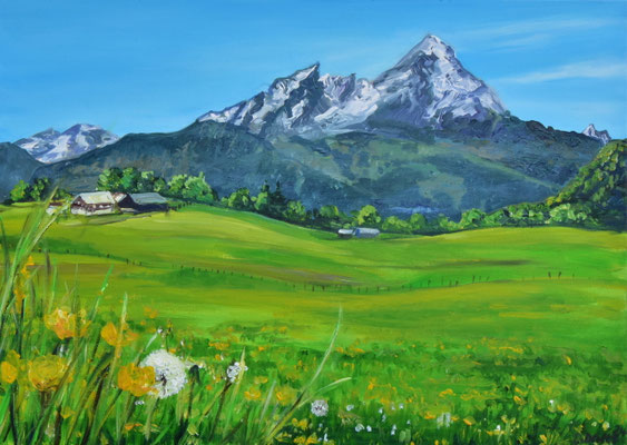 Alpenlandschaft mit Blumenwiese, Acryl auf 3D-Leinwand, 50 x 70 cm, 2024, verkauft