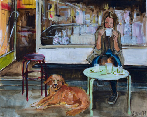 Café mit Hund,  Acryl auf Leinwand, 40 x 50 cm, 2018