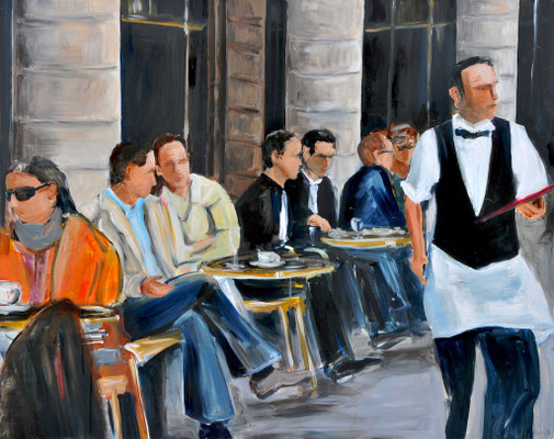 Straßencafé, Acryl auf leinwandbezogene Platte, mit Schattenfuge gerahmt, 80 x 100 cm, 2014