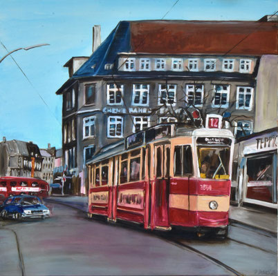 Hamburger Straßenbahn, Acryl auf Leinwand, 90 x 90 cm, 2023, verkauft