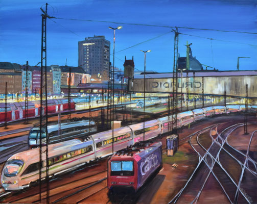 Blick von der Hackerbrücke Richtung Hauptbahnhof, Acryl auf 3D-Leinwand, 80 x 100 cm, 2024