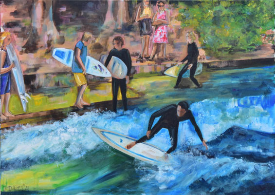 Surfen an der Eisbachwelle III, Acryl auf Leinwand, 50 x 70 cm, 2021