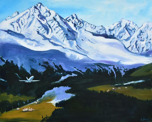 Bergkette hinter Insbruck, Acryl auf 3D-Leinwand, 80 x 100 cm, 2024, verkauft