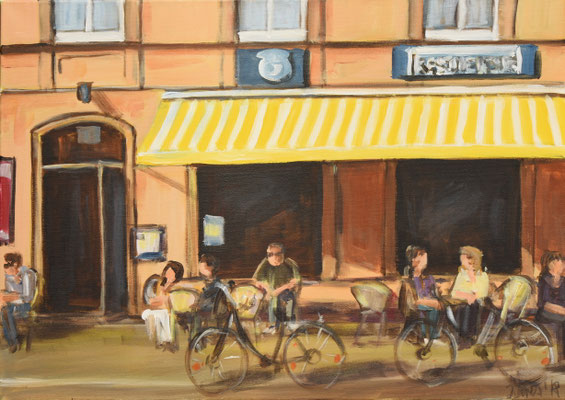 Straßencafé in Schwabing, Acryl auf 3D-Leinwand, 50 x 70 cm 2018