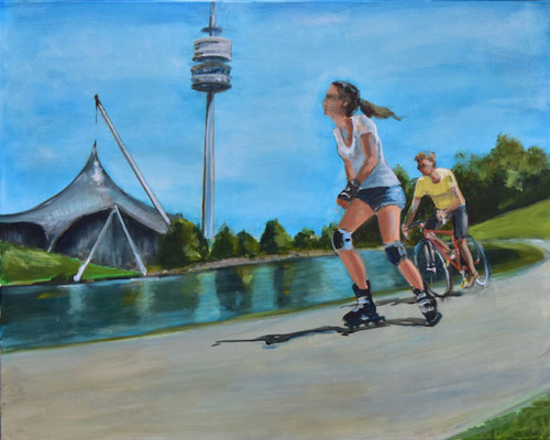 Olympiapark mit Inlineskaterin, Acryl auf Leinwand, 80 x 100 cm, 2021