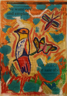 Oiseau n°1 - Acrylique, pastel et encres - 20 x 30 cm - Collection privée