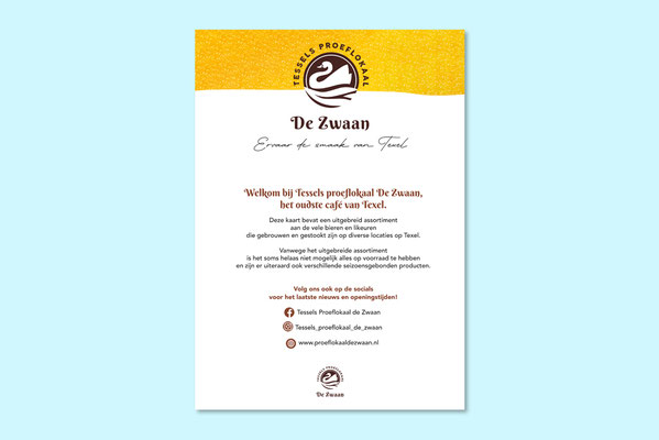 Uitgebreide menukaart Proeflokaal De Zwaan gemaakt + drukwerk geleverd