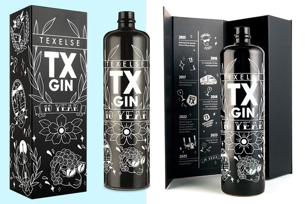 Vormgeving speciale TX GIN doos + fles gedaan naar ontwerp van Bring it on Tattoo