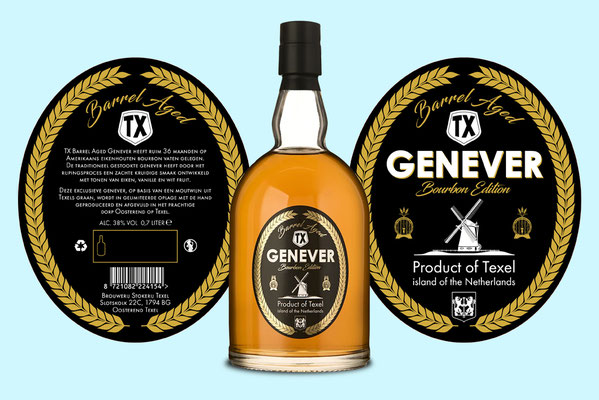 Etiketten gemaakt voor de Barrel Aged Genever Bourbon edition van Brouwerij Stokerij TX