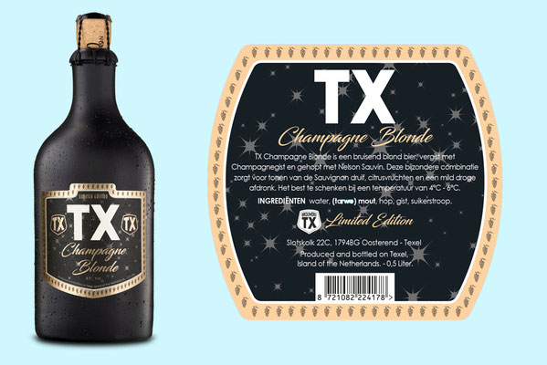 Etiketten Champagne Blonde gemaakt voor Brouwerij Stokerij TX