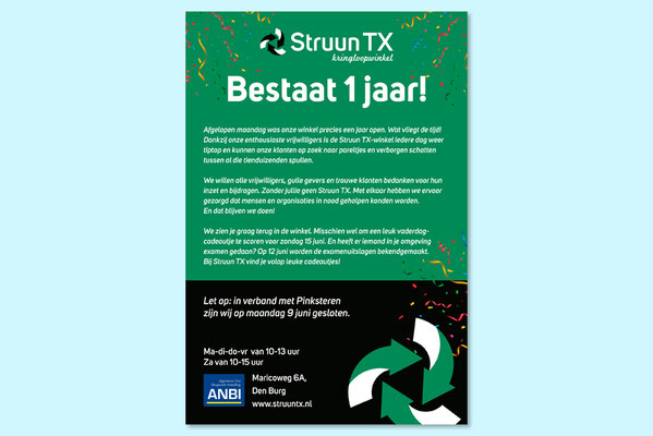 Advertentie 1 jarig bestaan Kringloopwinkel Struun TX