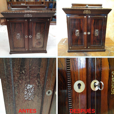 Restauración de gabinete monedero de estilo victoriano inglés del siglo XIX.