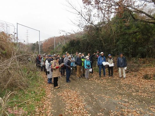 「上の原遺跡」覆土の上で説明を聴く。後ろのネットは野球場。