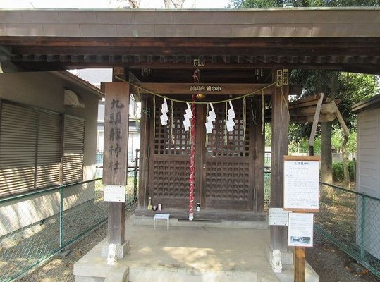 九頭竜公園・九頭竜神社  大洪水が発生し、川上から関戸大河原の地に九つの頭を持つ龍のようなものが流れ着き、それを御神体として祀ったのが始まりとされています。  元々の社殿は、もう少し東側にあたる大栗橋の大河原に位置していましたが、昭和中頃の区画整理により現在の地に遷座した。  龍に似た赤い兜をっかぶった白蛇が、しばしば境内に現れるという伝説もあります。