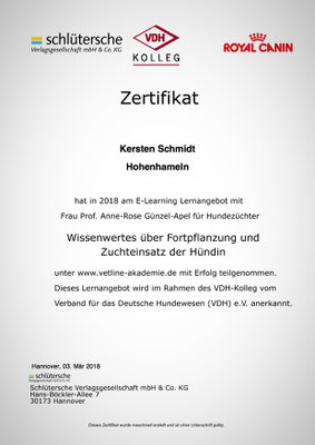 Zertifikat der vetline Akademie vom 03.03.2018: Wissenswertes über Fortpflanzung und Zuchteinsatz der Hündin