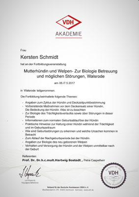 Zertifikat der VDH Akademie vom 06. und 07.05.2018: Mutterhündin und Welpen: Zur Biologie, Betreuung und möglichen Störungen