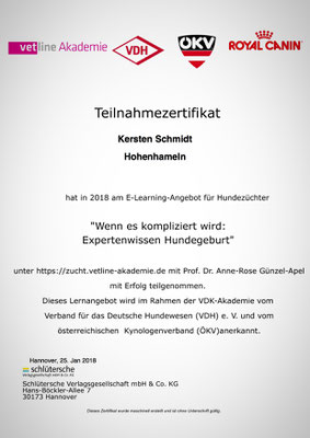Zertifikat der vetline Akademie vom 25.01.2018: Wenn es kompliziert wird - Expertenwissen Hundegeburt