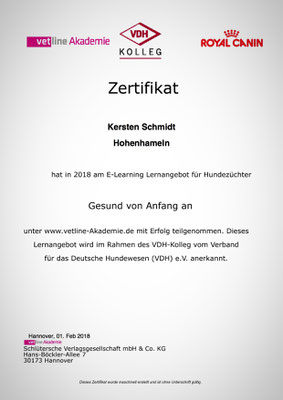 Zertifikat der vetline Akademie vom 01.02.2018: Gesund von Anfang an