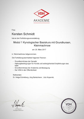 Zertifikat der VDH Akademie vom 25.03.2018: Kynologischer Basiskurs