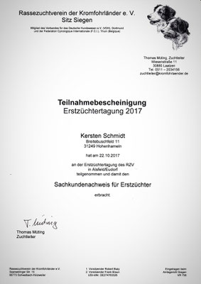 Zertifikat des RZV vom 22.10.2017: Erstzüchtertagung