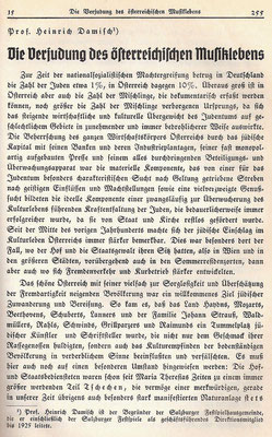 Heinrich Damisch: "Die Verjudung des österreichischen Musiklebens", in: "Der Weltkampf", 1938, S. 255-261